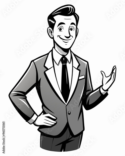 A confident, smiling businessman in a classic suit, gesturing with one hand while the other is on his hip. Black-and-white vector style with clean. Businessman silhouette vector art illustration