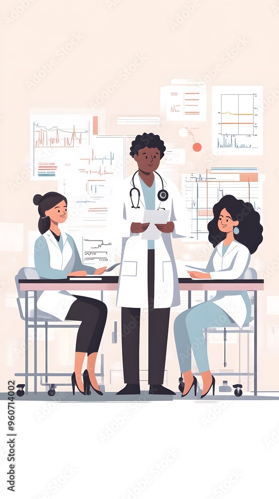 Illustration of three medical professionals in an office setting, discussing patient data Illustration of three medical professionals in an office setting, discussing patient data