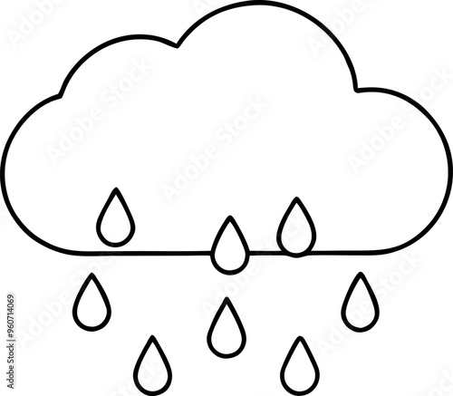 Simple Outline of a Cloud with Raindrops on a White Background - Weather Symbol Illustration
