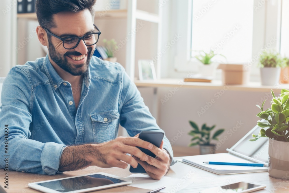Fototapeta premium Cheerful businessman in casual attire engages with smartphone in a cozy home office while multitasking with tablet and notes