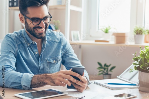 Cheerful businessman in casual attire engages with smartphone in a cozy home office while multitasking with tablet and notes