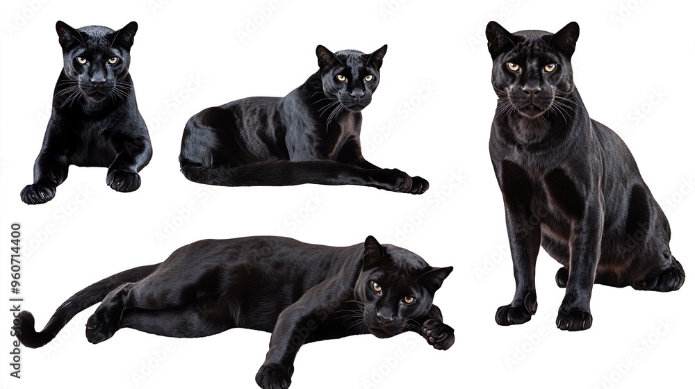 Naklejka premium A black cat is shown in four different poses, with one of them laying down