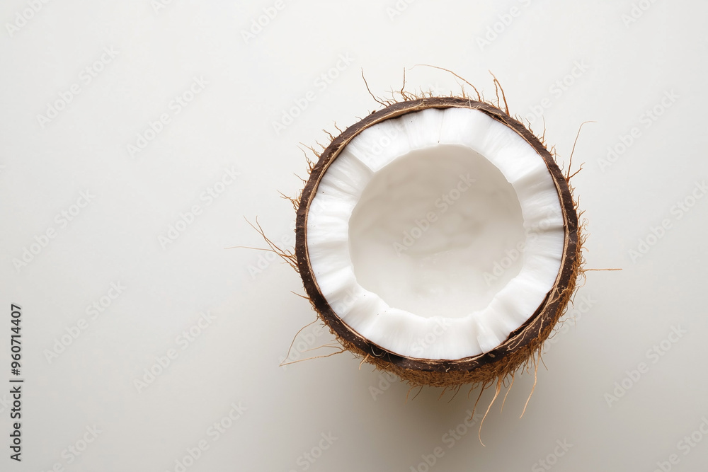 Top view close-up of a half coconut on a white background, ideal for food and health themes. Top view close-up of a half coconut on a white background, ideal for food and health themes.