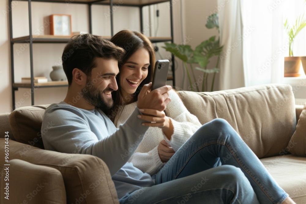 Joyful couple embracing on a cozy couch while exploring their smartphone together in a modern living room Joyful couple embracing on a cozy couch while exploring their smartphone together in a modern living room