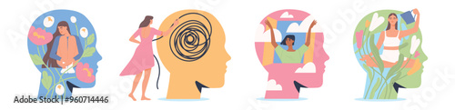Mental health concept. Set of scenes with happy women with healthy mindset and wellbeing. Self love, psychotherapy and acceptance. Flat vector illustration collection isolated on white background
