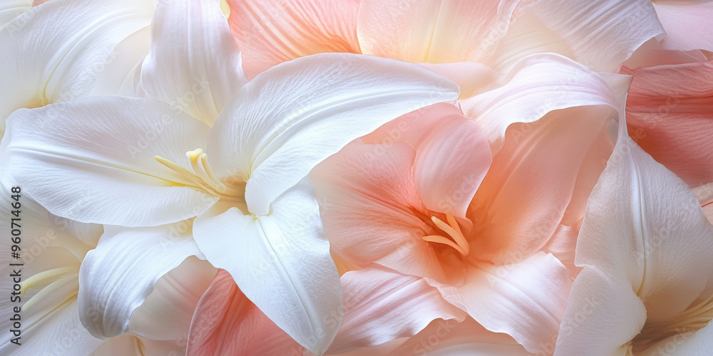 Fototapeta premium A delicate, macro close-up of white and pink lily petals, with soft, smooth textures and a bright, airy feel, perfect for a fresh, clean background.
