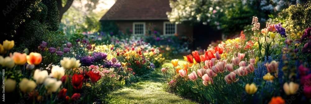 A captivating garden flourishes with an array of vibrant tulips and wildflowers, leading to a quaint cottage bathed in warm evening light A captivating garden flourishes with an array of vibrant tulips and wildflowers, leading to a quaint cottage bathed in warm evening light
