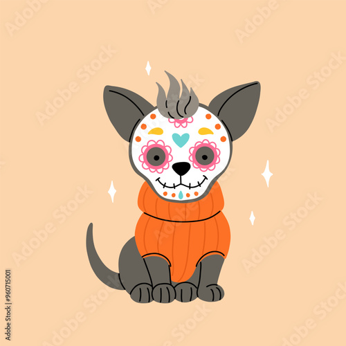 Day of the Dead, Dia de los muertos, dog skull and skeleton decorated with colorful Mexican elements and flowers. Mexican xolo dog for halloween