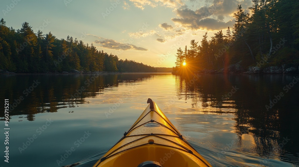 Kayaking in Northwest Ontario, Canada, at dusk on a serene lake. Kayaking in Northwest Ontario, Canada, at dusk on a serene lake.