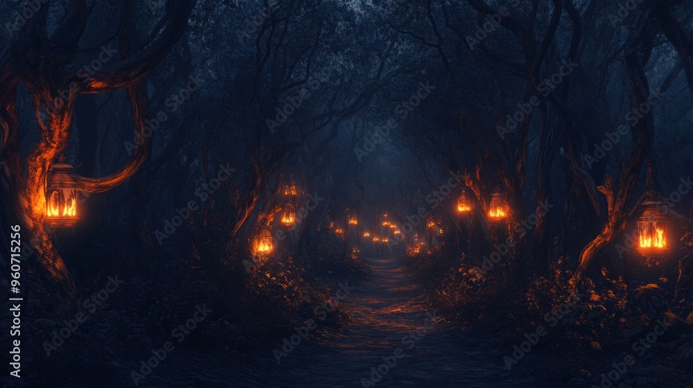 A Mystical Forest Path Illuminated by Lanterns A Mystical Forest Path Illuminated by Lanterns