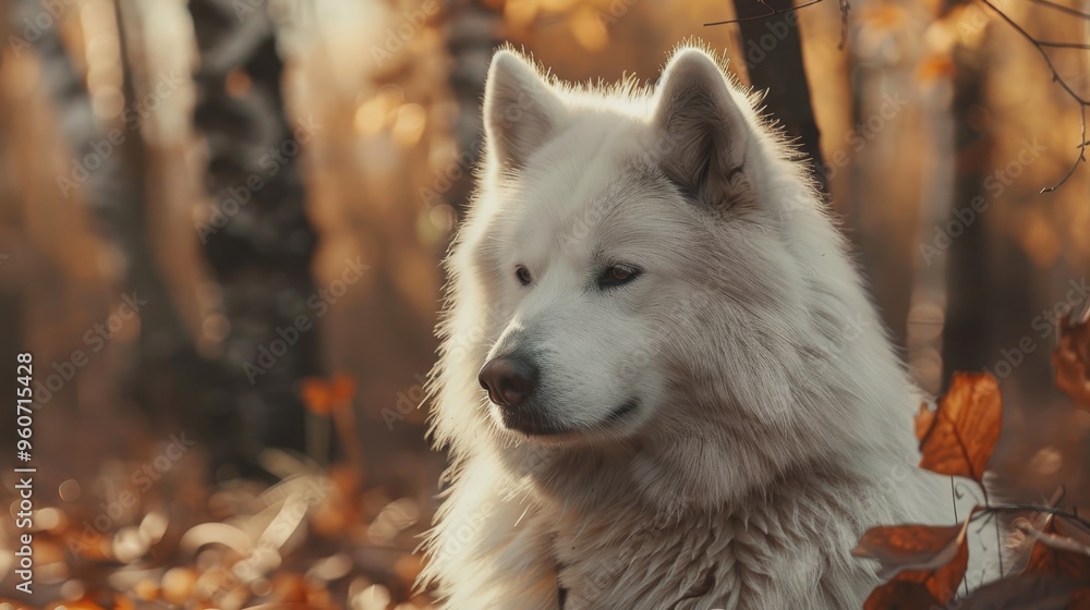 Obraz premium Samoyed in a forest, close-up.