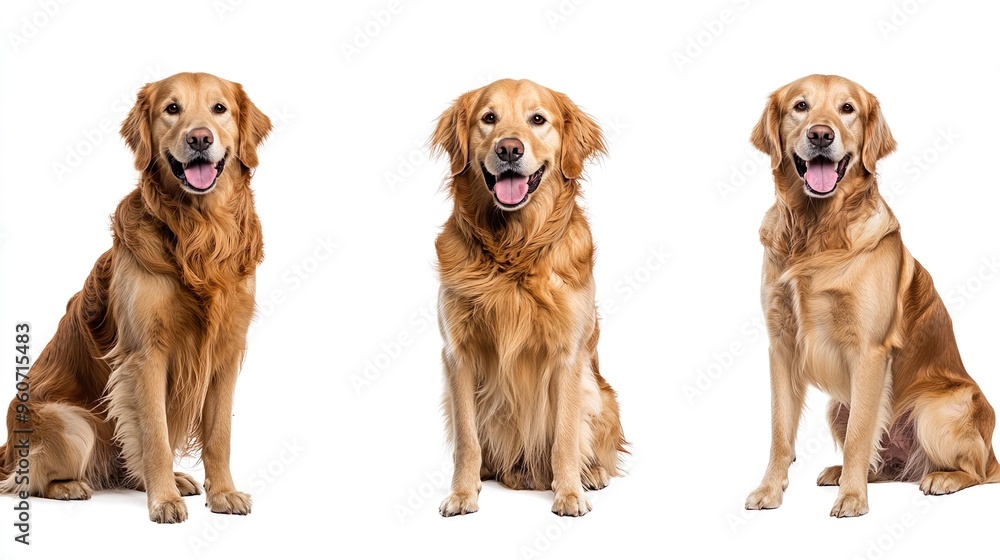 Fototapeta premium Three golden dogs are sitting on a white background
