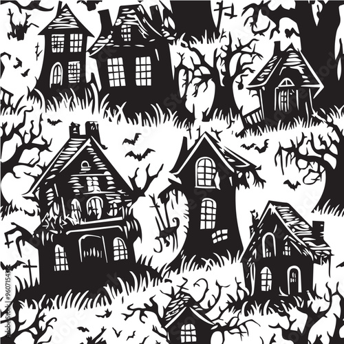 Vector of seamless pattern with haunted houses and eerie in black and white colors