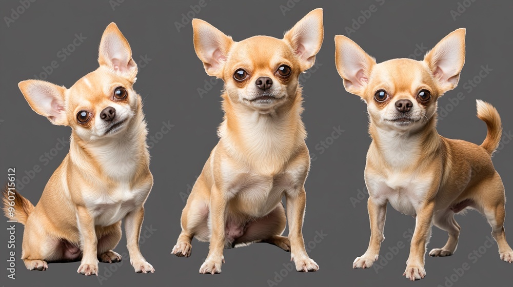 Three small brown dogs are sitting in a row, looking at the camera Three small brown dogs are sitting in a row, looking at the camera