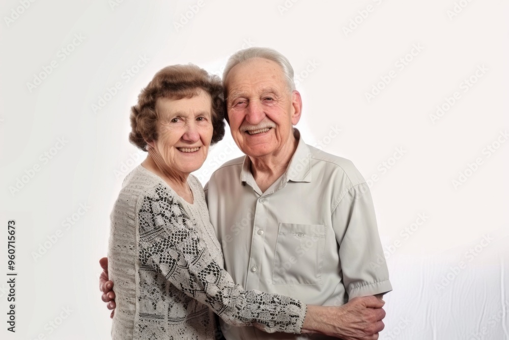 A joyful moment of an elderly English couple smiling and embracing, celebrating love and togetherness against a serene white backdrop A joyful moment of an elderly English couple smiling and embracing, celebrating love and togetherness against a serene white backdrop