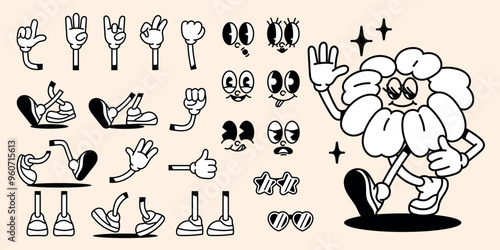 Set of groovy comic elements. Retro hipster hands, legs and faces expressing various emotions. Hand drawn cute vintage character. Doodle vector illustration collection isolated on background