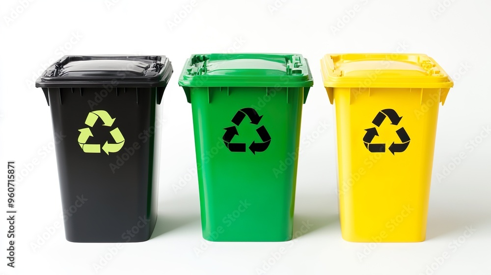 Three trash cans with the word recycle on them Three trash cans with the word recycle on them