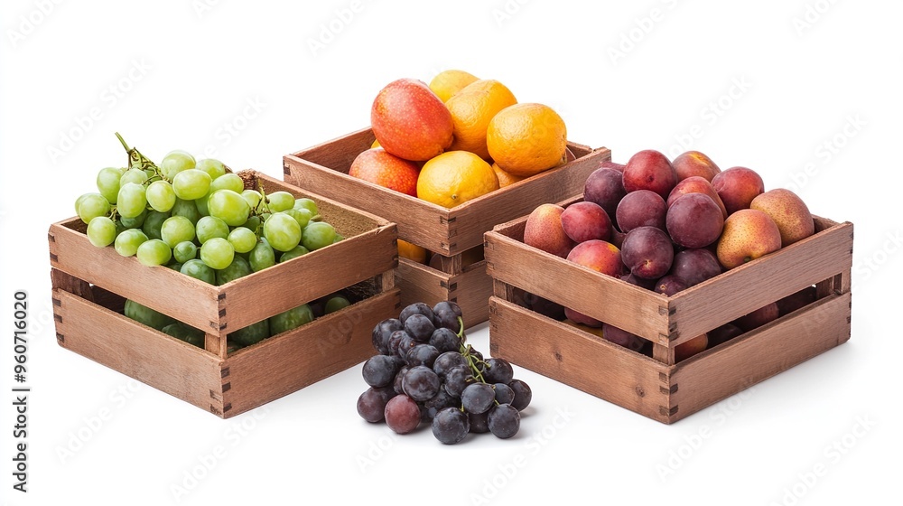 Three wooden crates filled with fruit including grapes, oranges, and peaches Three wooden crates filled with fruit including grapes, oranges, and peaches