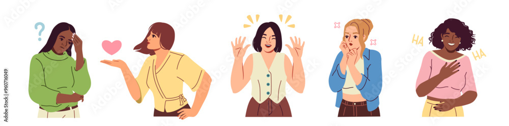 Set of gesturing people. Women express different emotions through body language and hand gestures. Thoughtful, surprised, laughing and romantic girls. Flat vector illustration isolated on background Set of gesturing people. Women express different emotions through body language and hand gestures. Thoughtful, surprised, laughing and romantic girls. Flat vector illustration isolated on background