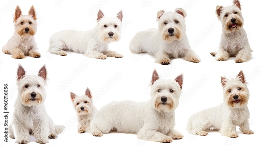 Fototapeta premium A series of white dogs in various positions, including one that is laying down