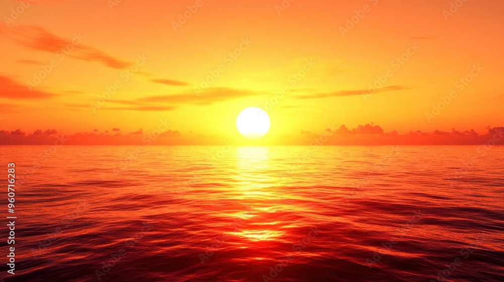 The sun dips below the horizon, illuminating the calm sea with golden light, while soft clouds reflect stunning shades of orange and yellow at twilight The sun dips below the horizon, illuminating the calm sea with golden light, while soft clouds reflect stunning shades of orange and yellow at twilight