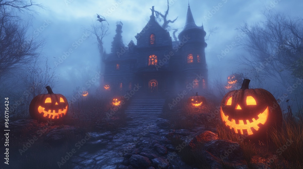A Foggy Halloween Path Leading to a Haunted Castle A Foggy Halloween Path Leading to a Haunted Castle