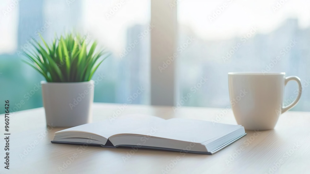 Open book, coffee cup and plant on table by window Open book, coffee cup and plant on table by window