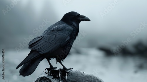 Raven Perched on a Rock in a Misty Forest