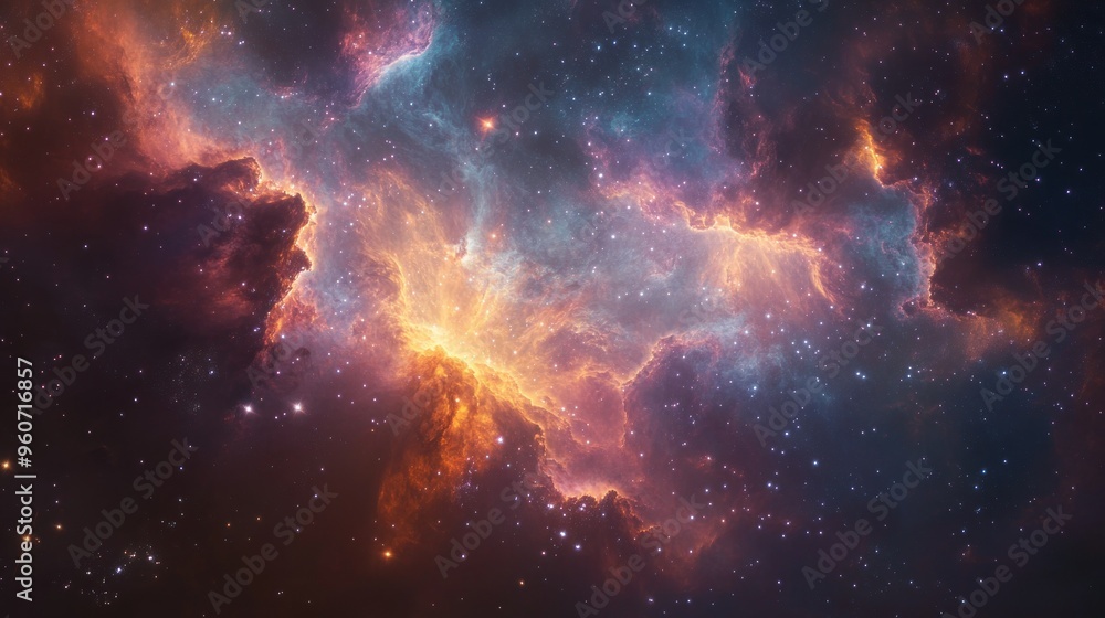 Fototapeta premium Cosmic Nebula with Orange and Blue Clouds and Stars