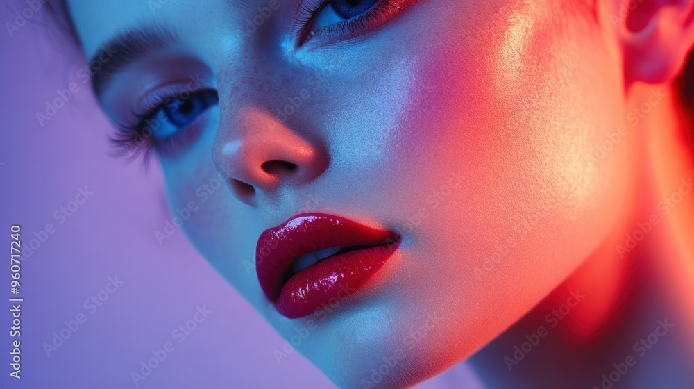 Close-up of a Woman's Face with Red Lips Under Neon Lighting Close-up of a Woman's Face with Red Lips Under Neon Lighting