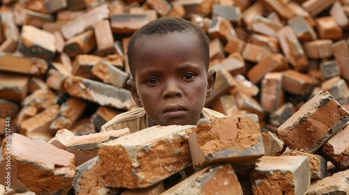 The image of a young African boy surrounded by heaps of bricks symbolizes child exploitation and the plight of African children in the labor force photo