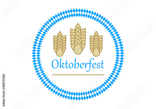 Cartel de oktoberfest con círculo de patrón de rombos azules y espigas de trigo photo