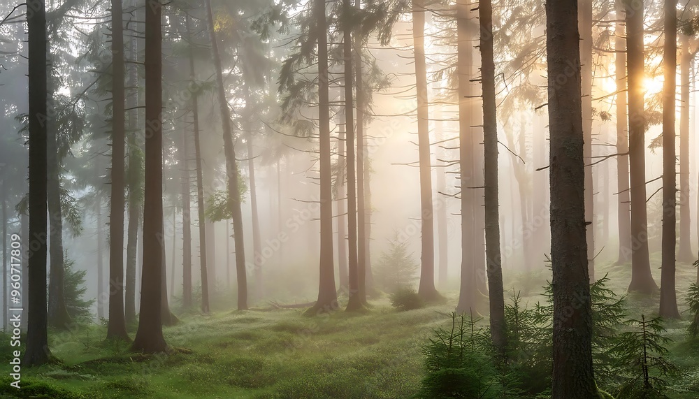 Fototapeta premium Foggy morning in a dense forest