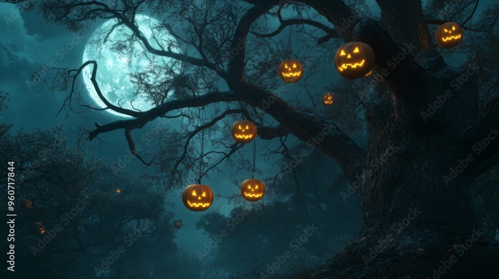 Jack-o'-lanterns hanging from an old tree under a full moon Jack-o'-lanterns hanging from an old tree under a full moon