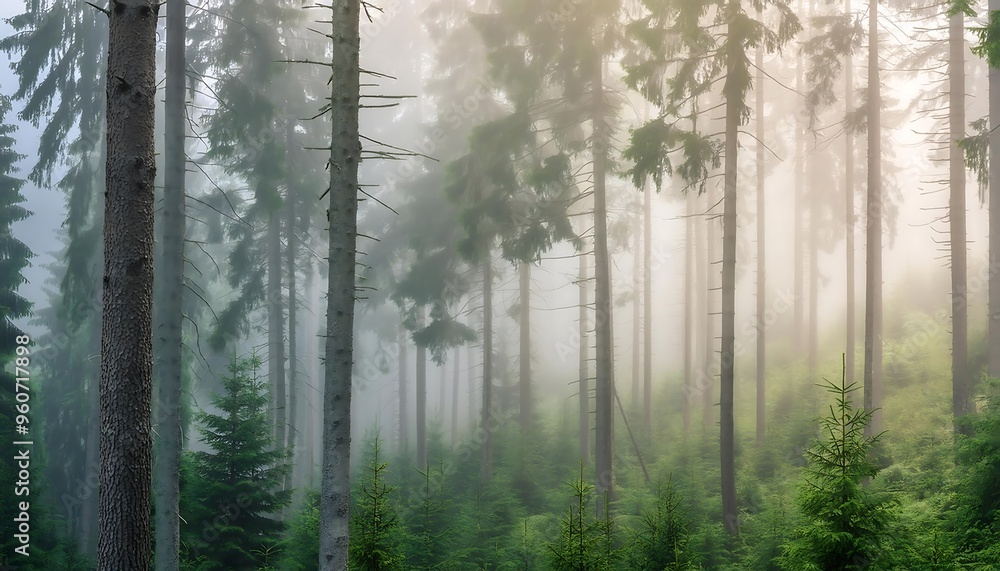 Obraz premium Foggy morning in a dense forest