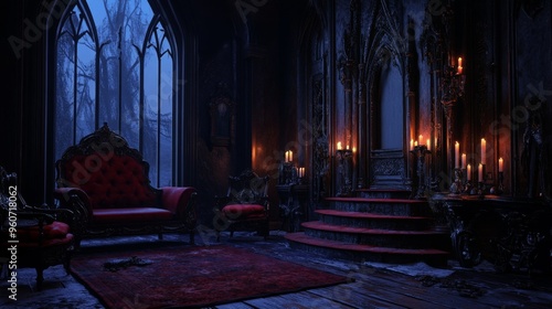 A Dark, Candlelit Room in a Gothic Castle with Red Velvet Chairs and an Ornate Staircase photo