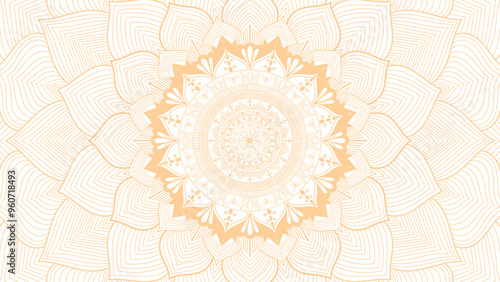 Round mandala on dreamy peach fuzz gradient background. Translucent mesh pattern in the form of a mandala. Mandala with floral patterns. Pastel Yoga template. Gradient background with round mandala