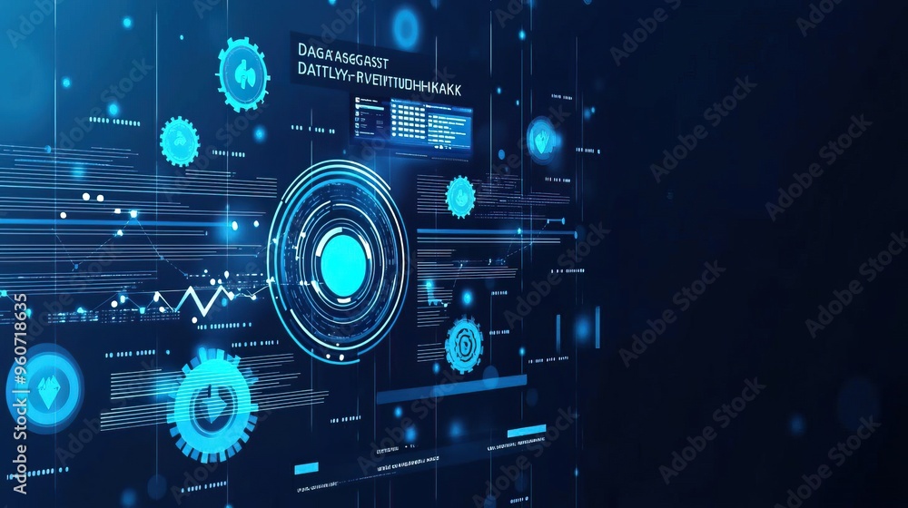 Futuristic digital interface featuring gears and data graphs, symbolizing technology, innovation, and data analysis in a modern setting. Futuristic digital interface featuring gears and data graphs, symbolizing technology, innovation, and data analysis in a modern setting.