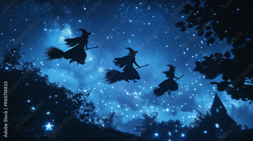 Fototapeta premium Three Silhouetted Witches Flying on Broomsticks Against a Starry Night Sky