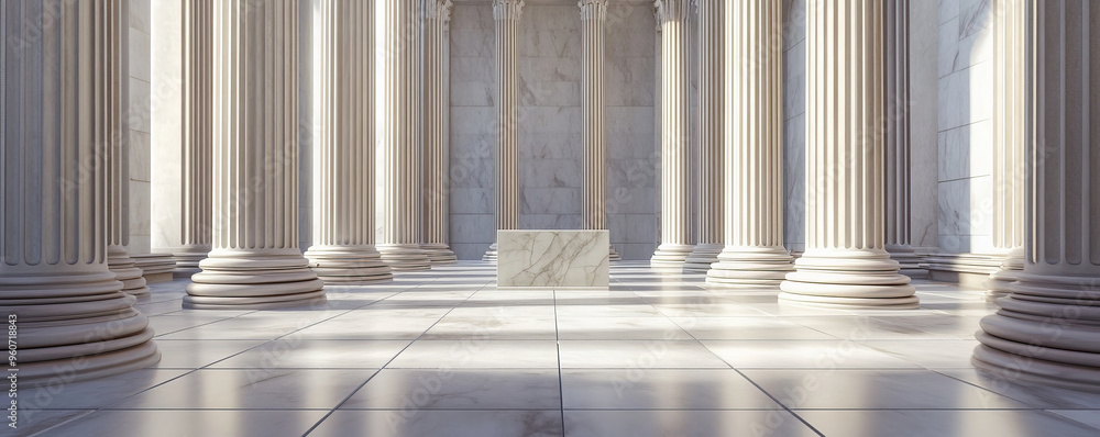 A classic stone podium made of smooth, white marble, set in an elegant, neoclassical setting with tall columns and marble floors. A classic stone podium made of smooth, white marble, set in an elegant, neoclassical setting with tall columns and marble floors.