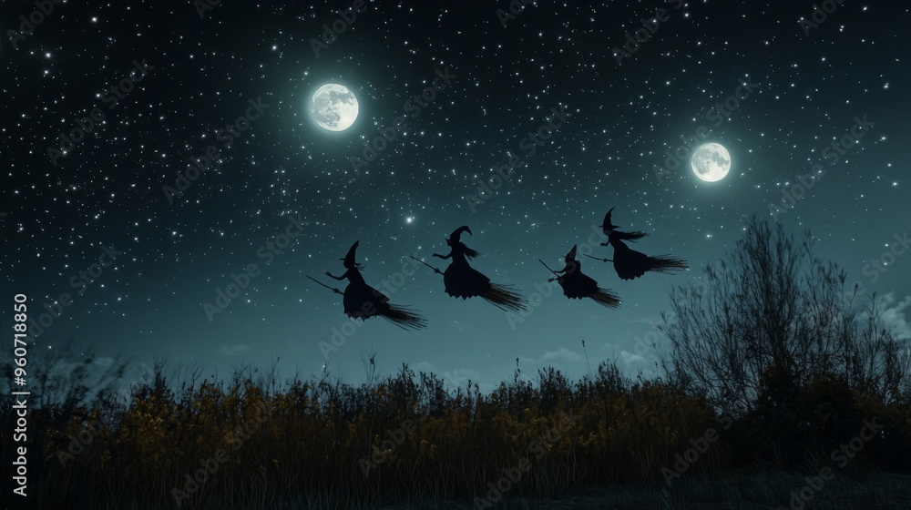 Three Witches Flying on Broomsticks Under a Starry Night Sky Three Witches Flying on Broomsticks Under a Starry Night Sky