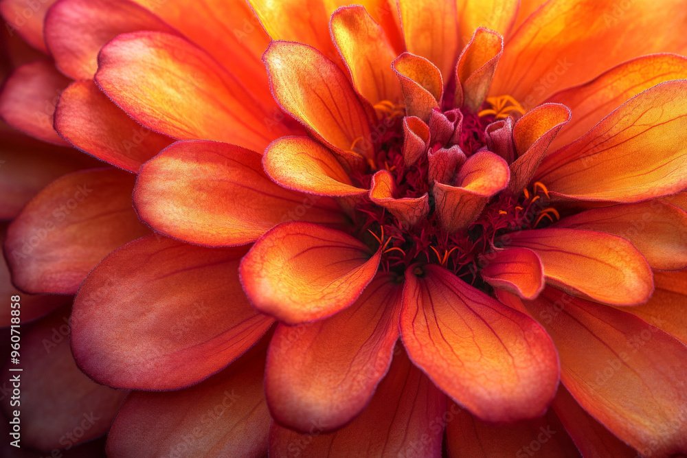 Obraz premium A vibrant macro shot of orange and red zinnia petals, with intricate details and a rich, warm color palette, creating a lively, energetic background.