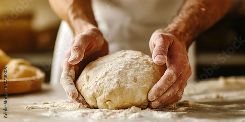 Baker's hands kneading fresh dough in rustic kitchen setting