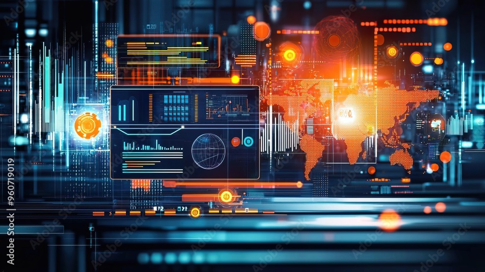 Futuristic data visualization with global map and digital screens showcasing technology trends and analytics. Futuristic data visualization with global map and digital screens showcasing technology trends and analytics.