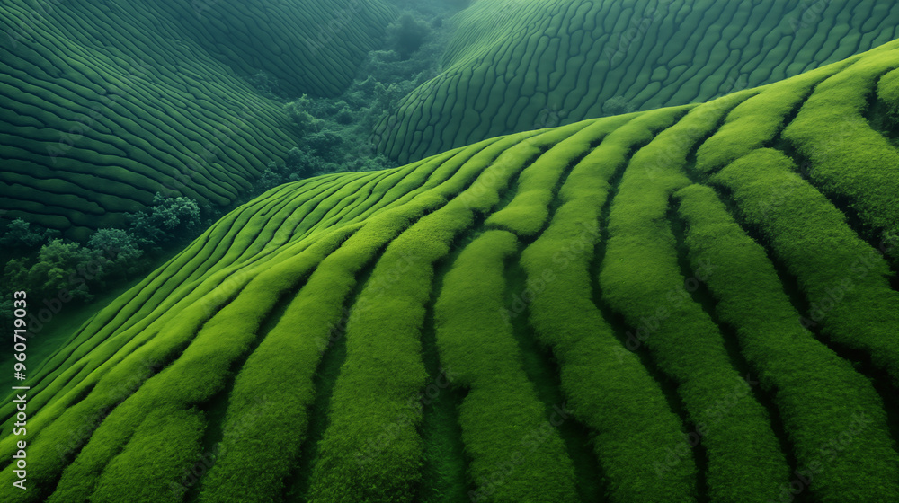 Fototapeta premium Lush green tea terraces on rolling hills. Concept of agriculture and natural patterns.