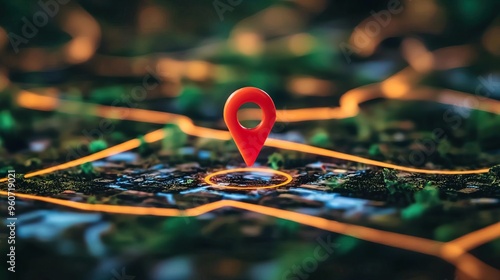 A vibrant map pin highlighting a specific location in a digital landscape, symbolizing navigation and geographic technology. photo