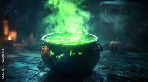 A Steaming Cauldron of Green Potion in a Dark Setting