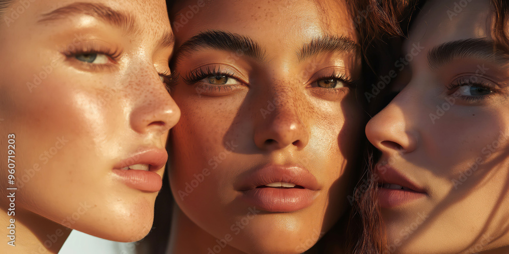 Close-up of three women with sun-kissed skin and freckles in natural light Close-up of three women with sun-kissed skin and freckles in natural light
