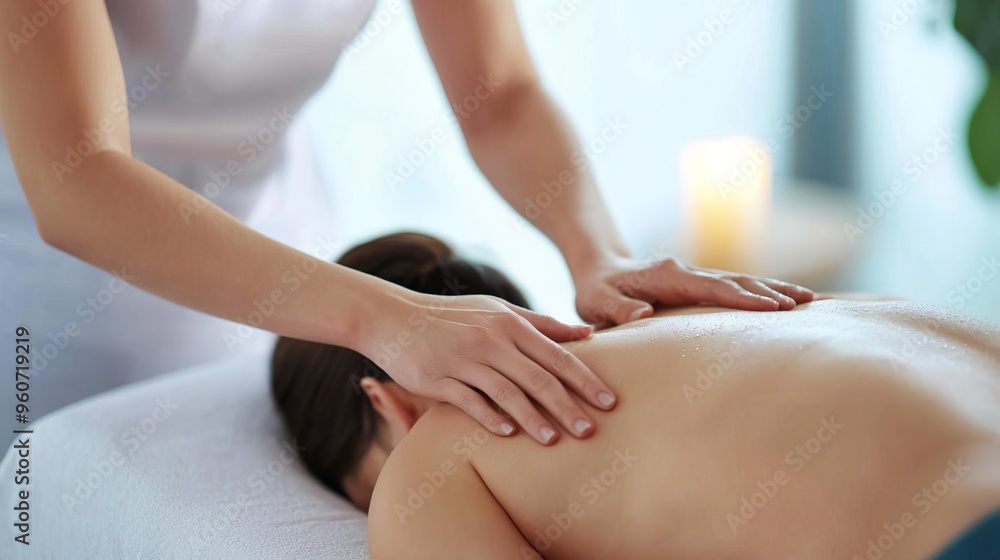 Fototapeta premium Relaxing massage therapy session focused on back relaxation and stress relief in a tranquil spa environment.