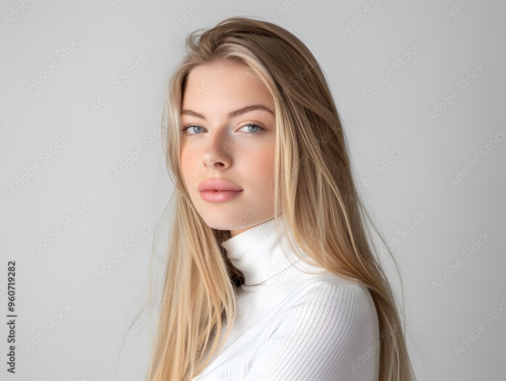 White female in white top on white background White female in white top on white background